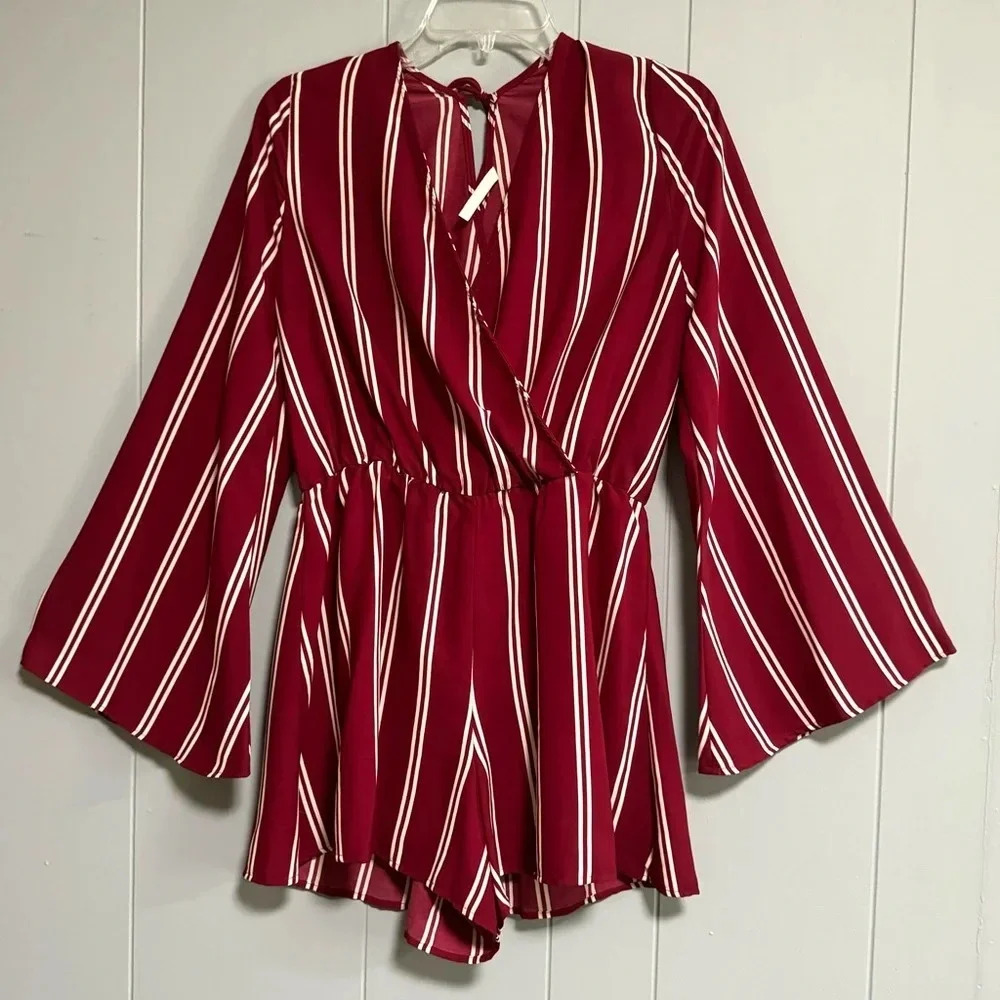 PEPPERMENT Vneck Long Flare Sleeves Back Tie Burgundy Stripe Short Romper Size M